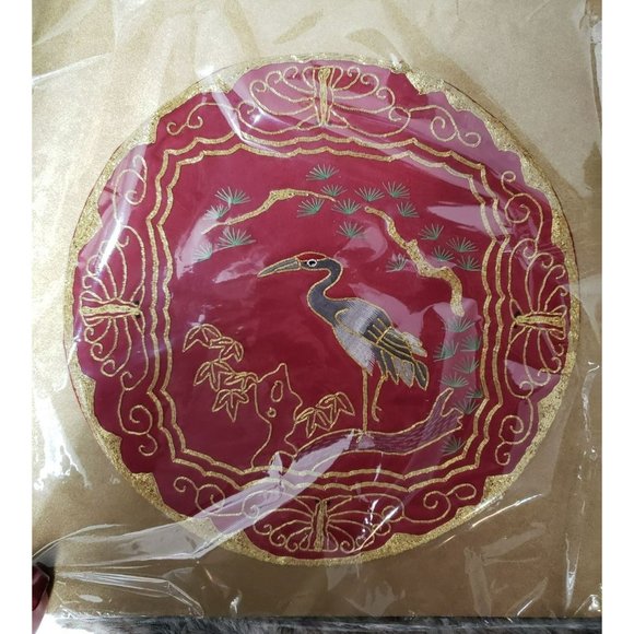 Vintage Oriental Silk Blend Garnet Hand Embroidered‎ Wall Art Tapestry 9" Round - Picture 1 of 9